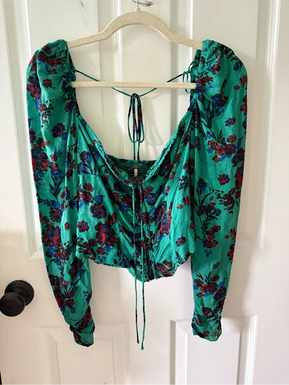 Free People Teal Floral Lace-Up Puff Sleeve Blouse